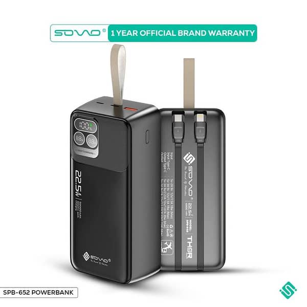 SOVO SPB-652 THOR Series 50,000mAh 22.5W Power Bank with LED Display and 2-in-1 Cable (Lightning & Type-C) – 1-Year Warranty