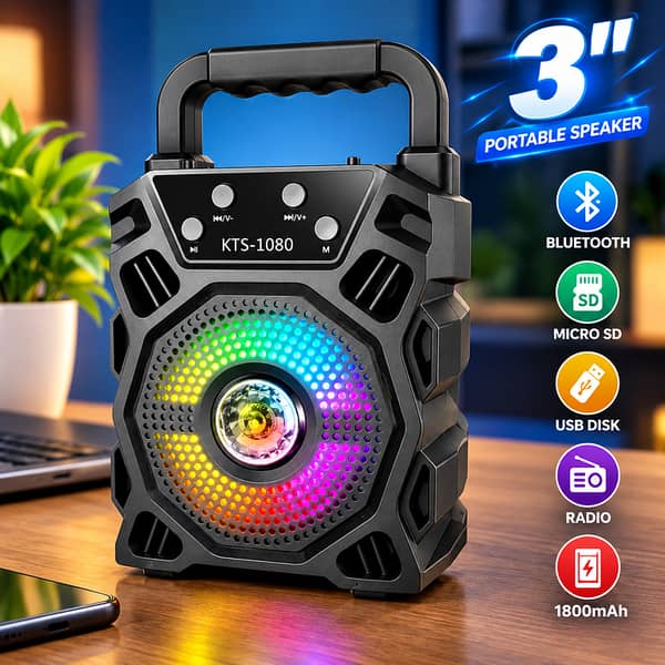 KTS-1080 Portable Bluetooth Speaker with 3-Inch Driver, USB & Micro SD, FM Radio, 1800mAh Battery