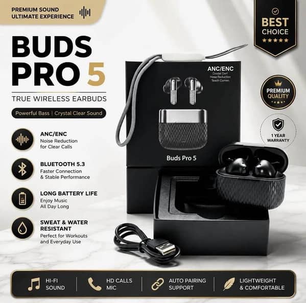 Buds Pro 5 Wireless Earbuds with ANC/ENC, Bluetooth 5.3, HiFi Stereo, Touch Control, LED Display, Type-C Charging