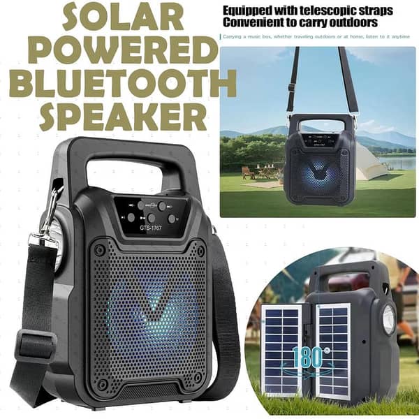 GTS 1767 Solar Charging Bluetooth Speaker with MP3 Player, FM Radio, USB, SD Card, LED Light — 4 inch Driver, Dual Solar Panels, Portable