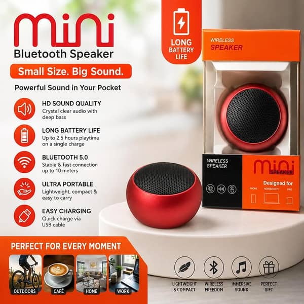 Mini Portable Bluetooth Speaker with 360° Surround Sound, Deep Bass, Bluetooth 5.0, Built-in Microphone, Long Battery Life, Compact Travel Design