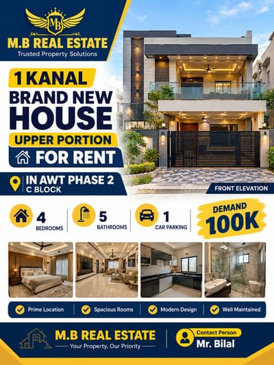 1 Kanal Brand New House Upper Portion for Rent in AWT Phase 2 C Block