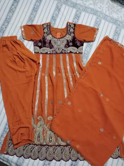 Rust Orange Velvet Bodice Frock Set
