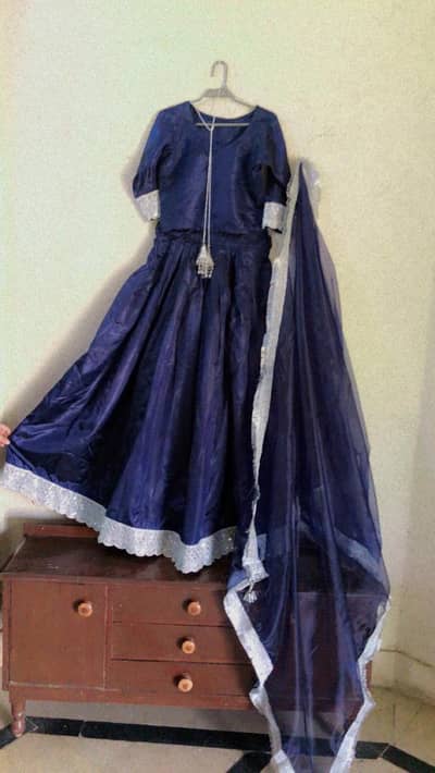Home Stitched Katan Silk Dark blue lengha