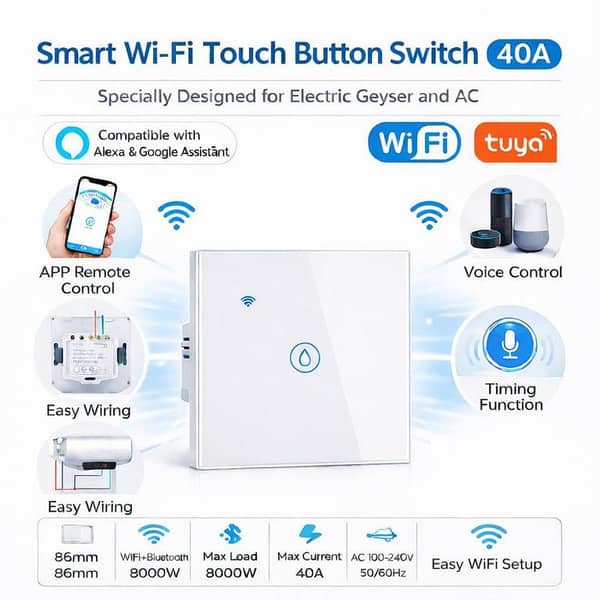 1 Gang Wifi 40A Smart Water Heater Switch Panel Remote Control Intelligent Water Heater Boiler Touch Switch for for Alexa Wifi Breake