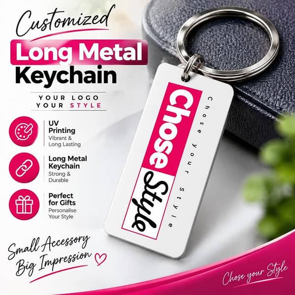 Custom Long Metal Keychain with UV Printing Personalised Logo Design Key Ring for Keys Bags Gifts