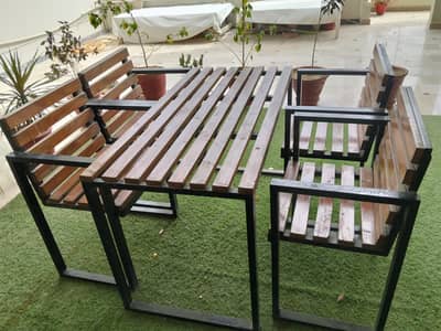 Wooden polish outdoor chairs and table and bench look like new
