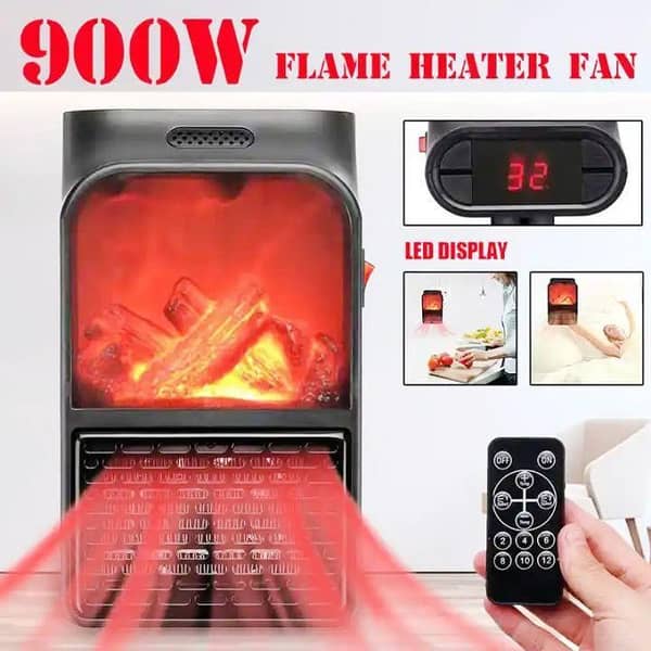 Flame Effect Handy Heater 900W | Mini Electric Wall Heater with Realistic Flame Display| Portable Flame Fireplace Heater with Remote Control| Adjustable Thermostat & Timer | Energy Efficient Room Heater for Home Office Bedroom