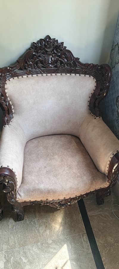 Traditional Hand-Carved Wooden Sofa Set – Used