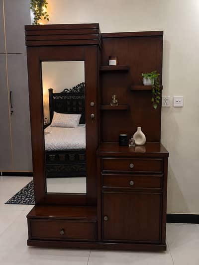 Wooden dressing table with mirror, drawers & shelves
