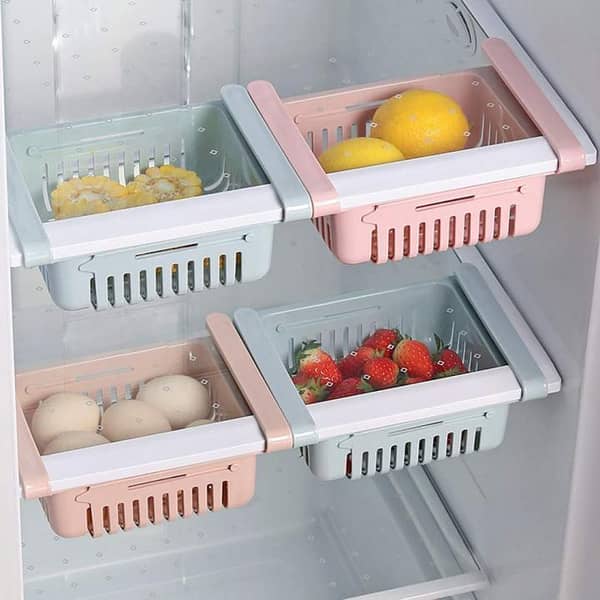 Adjustable Fridge Storage Basket| Expandable Refrigerator Organizer Drawer Rack| Pull Out Plastic Fridge Storage Tray for Fruits, Vegetables, Snacks & Food Items| Space Saving Kitchen Organizer Basket for Refrigerator