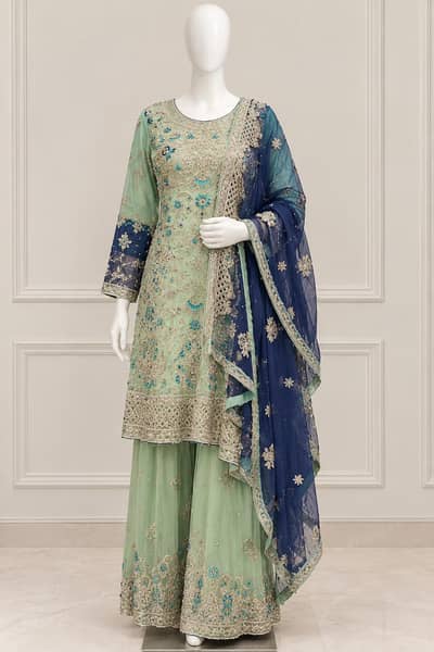 Mint green $ Navy Blue Bridal Fancy Hevay Work with Back Tail