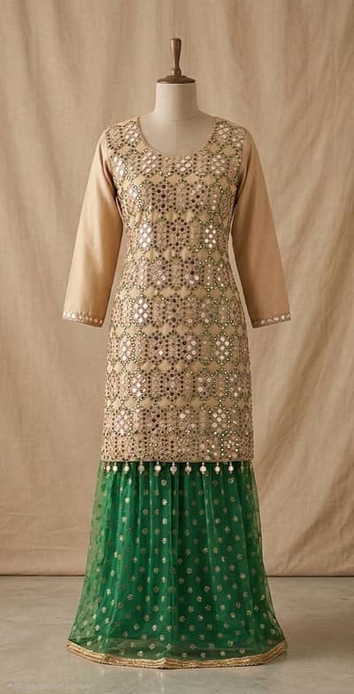 Mirror work kurti anf shrara .  ​Mirror & Mesh ​Emerald Glow