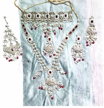 Bridal jewellery set-Ruby & Antique silver | Choker + long Haar +