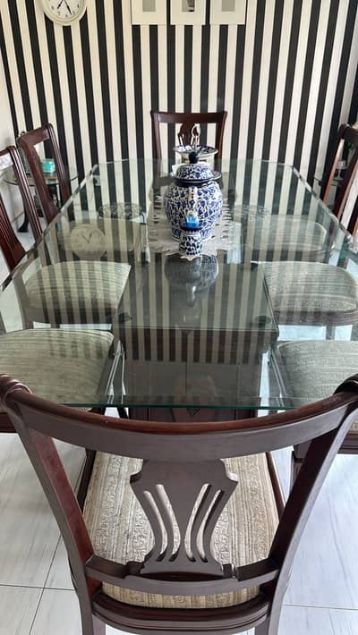 Dining room glass table set with 8 chairs
