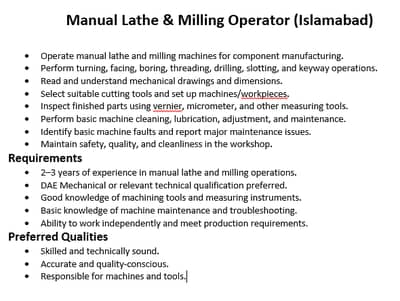 Manual Lathe & Milling Operator (Islamabad)
