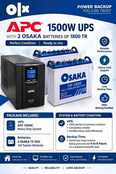 APC 1500W UPS with 2 Osaka TR-1800 Batteries | Excellent Condition
