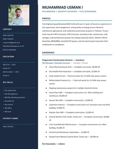 Civil Engineer / Site In-Charge – 11 Years Experience