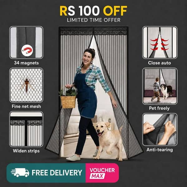 Anti Mosquito Net - Size 100x210cm - Magnetic Mesh Curtain - Screen Door Curtain Net - Hands Free Anti Mosquito Curtain - Automatic Closing Door Mesh - Anti Insect Bug Fly Partition Striped Door Curtain only for wooden door - Size 100x210cm