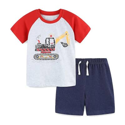 Summer boys cotton T-shirt short set Red white Excavator point