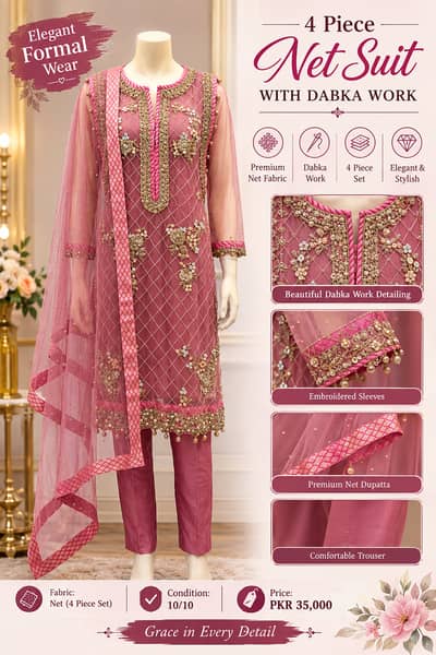Elegant 4 Piece Net Suit with Dabka Work | Embroidered Formal Dress