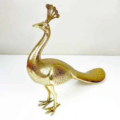 1960s Handcrafted Large Solid Brass Detialed Peacock Figurine