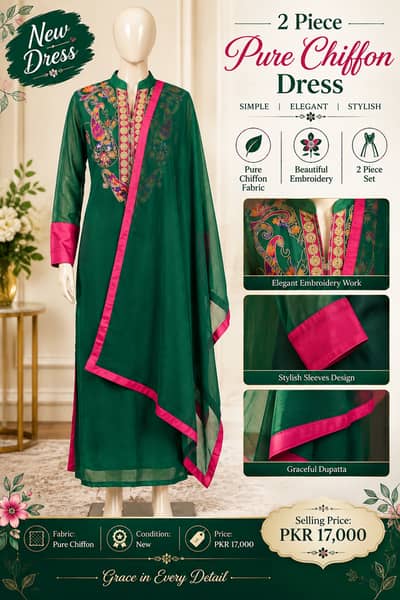 2 Piece Pure Chiffon Dress | Embroidered Formal Suit | Elegant Green