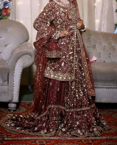 Heavy Bridal Sharara with Bridal Jewelry | Maroon & Gold | 1 time used