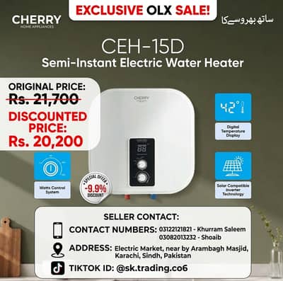 Cherry Semi-Instant Electric Water Heater (CEH-15D) - Brand New