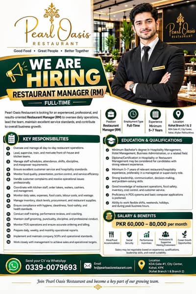 Restaurant Manager | Branch Manager | Chefs | Waiter | Jobs