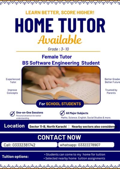 Experienced Female Tutor for School Students – North Karachi 11-B