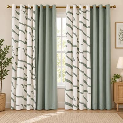 4 Piece Sage Green Printed & Plain Elylet Curtain Set