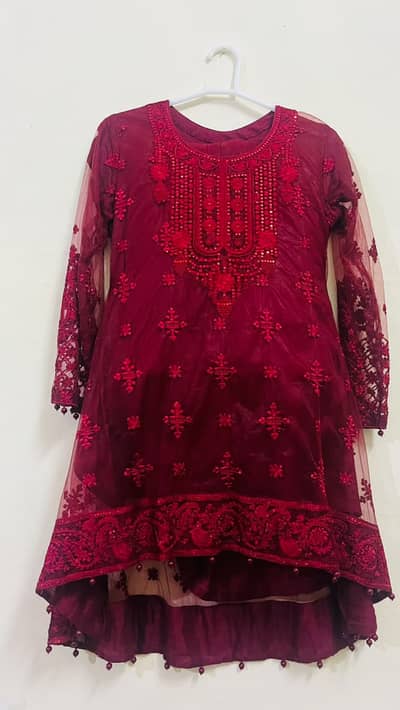 Small Size Maroon Fancy 3-Piece Dress – Shirt, Sharara & Dupatta