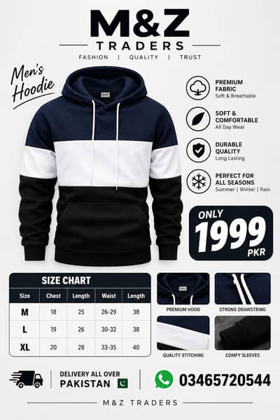 Men Color Block Fleece Hoodie Blue White Black