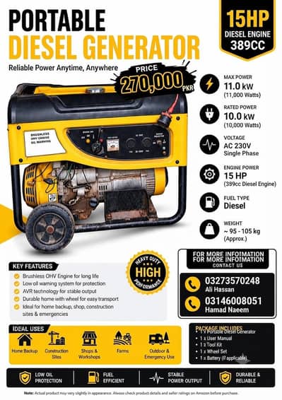 Portable Diesel Generator 15HP 10kW (389CC) - Heavy Duty