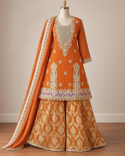 Elegant Orange Embroidered Sharara Set with Dupatta