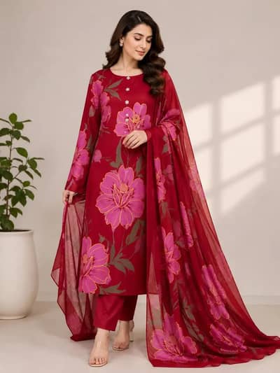 Unstitched 3 Piece Printed Silk Suit For Women - Red