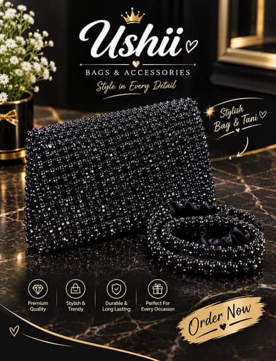  Black Beaded Stylish Handbag with Tani | Ushii Bags