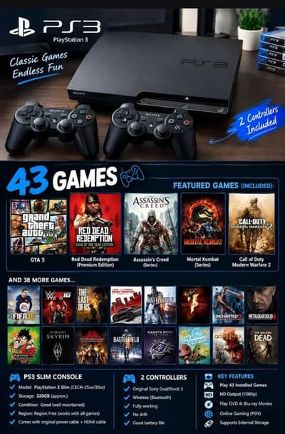 PS3 250GB | 43 Games | 2 Controllers | GTA 5 + RDR | Kuwait Imported
