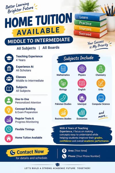 **HOME TUITION AVAILABLE – MIDDLE TO INTERMEDIATE**
