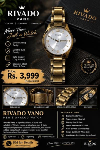 RIVADO VANO Premium Men’s Watch – Gold | Original Look | Rs. 3,999