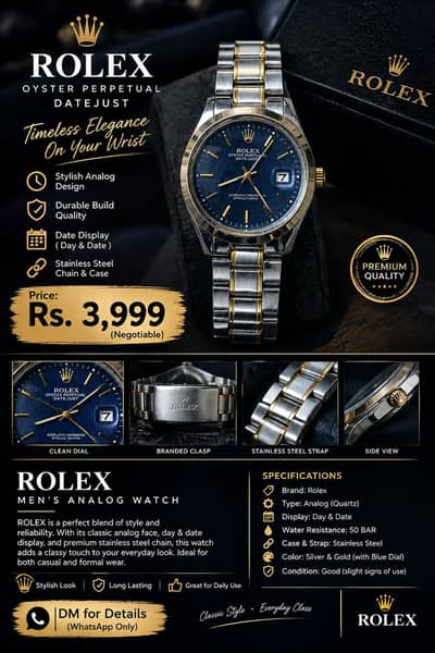 Rolex Mens Watch | Blue dial | Two Tone Steal | Date Display | Rs 3999