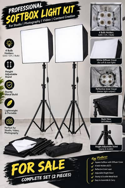 Studio Softbox Light Kit – 2 Stands + 2 Softboxes + 4 Bulb Holders