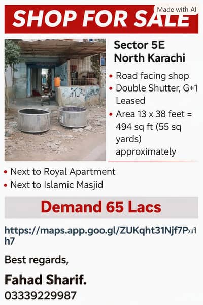 Shop 4 Sale Sec 5E North Karachi Road-facing 2Shutter, G+1 Leased 55Yd
