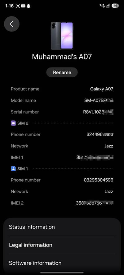 Samsung Mobile A07 just 2 month used ladies used for  home