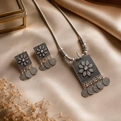 Antique Silver Floral Necklace & Earrings Set