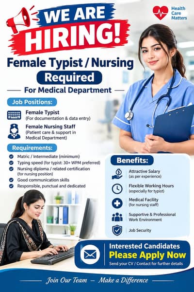 Staff Required for Medical Center: Female Nurse & Data Entry Typist