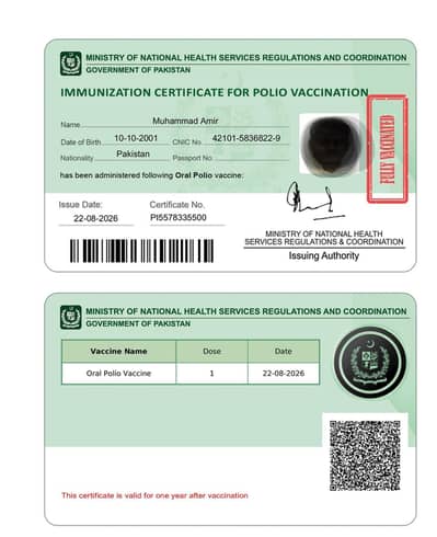 polio vaccination card for umrah going persons .