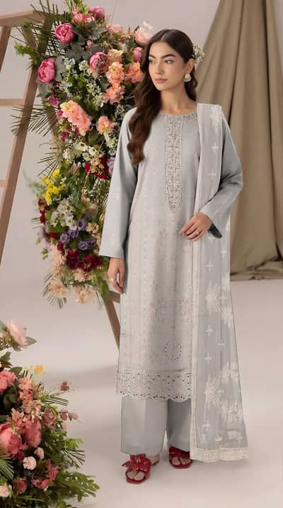 Women unstitched Plain suit with Embroidered Neckline & dupata