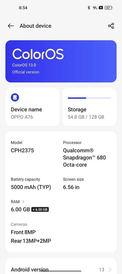 OPPO A76 (6GB+6GB / 128GB) - PTA Approved - Box Included